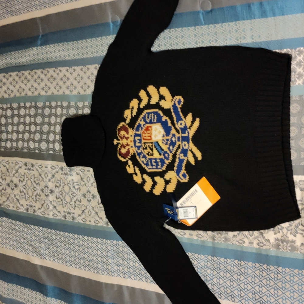 Polo Ralph Lauren Men's Intarsia Crest Wool Turtleneck Sweater Black Sz Small